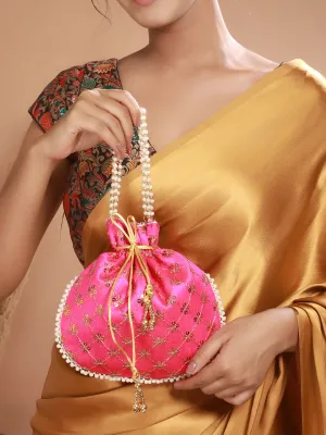 Hot Pink-Coloured & Gold-Toned Embellished Potli Clutch