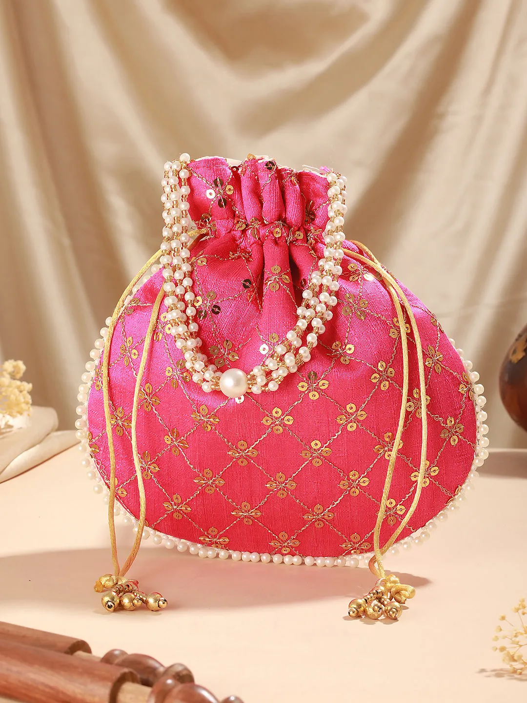 Hot Pink-Coloured & Gold-Toned Embellished Potli Clutch