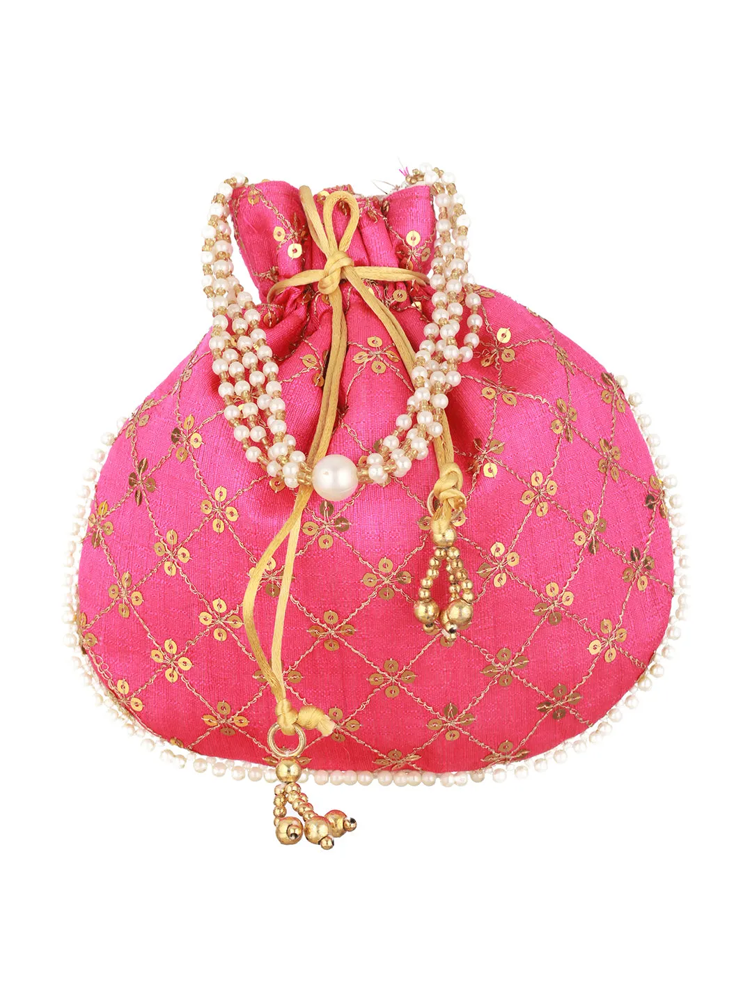 Hot Pink-Coloured & Gold-Toned Embellished Potli Clutch