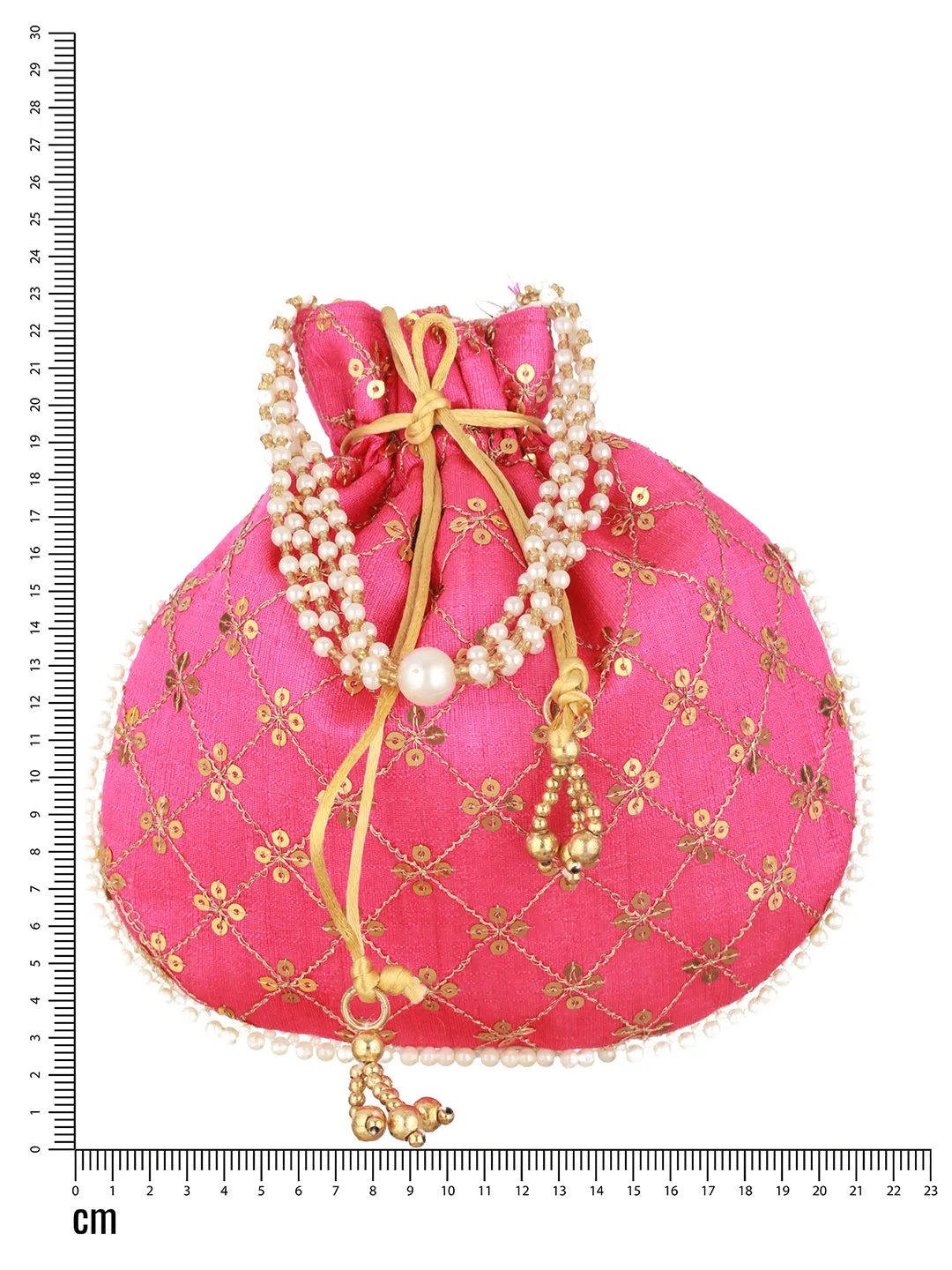 Hot Pink-Coloured & Gold-Toned Embellished Potli Clutch