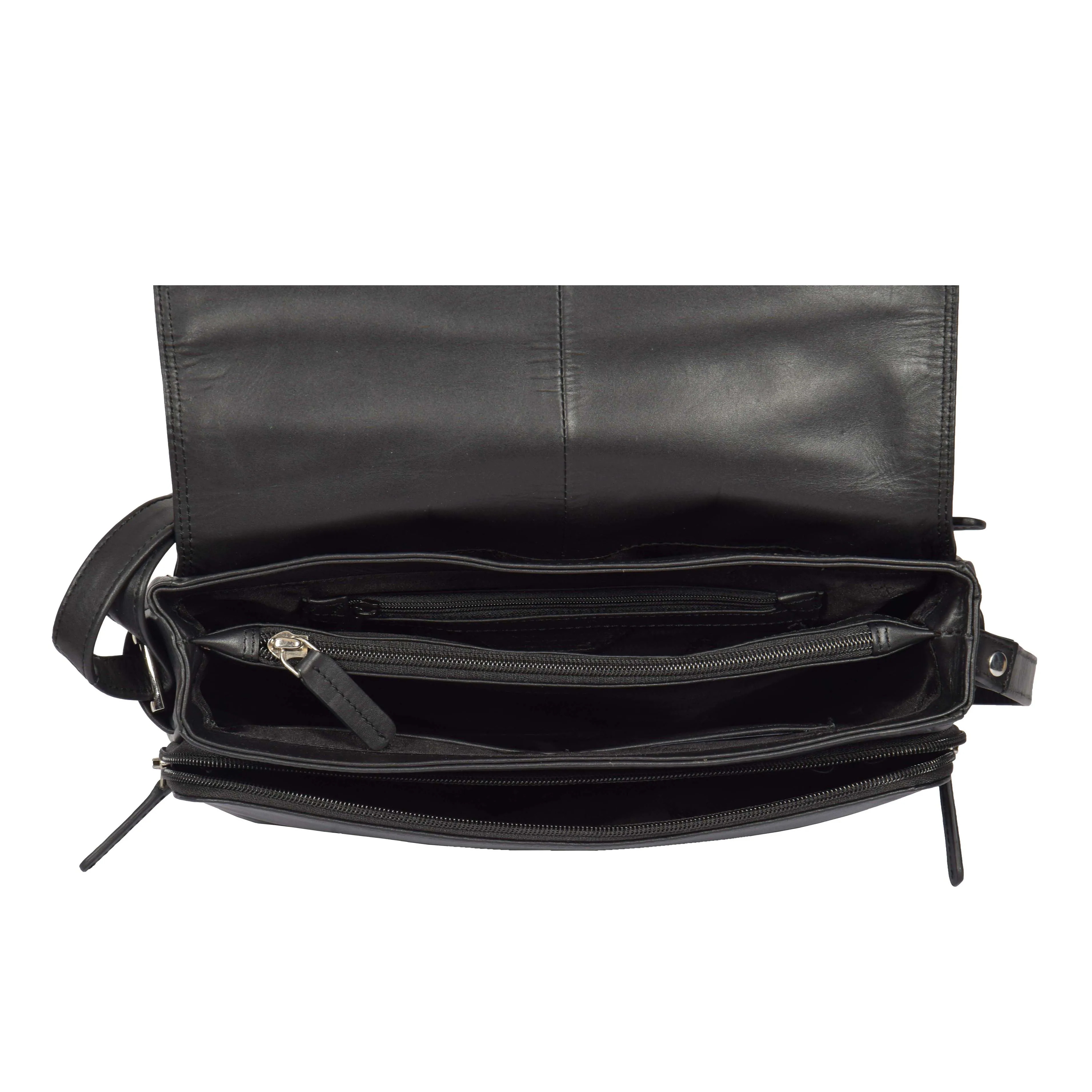 Ladies BLACK Leather Shoulder Bag Flap Over Handbag A190