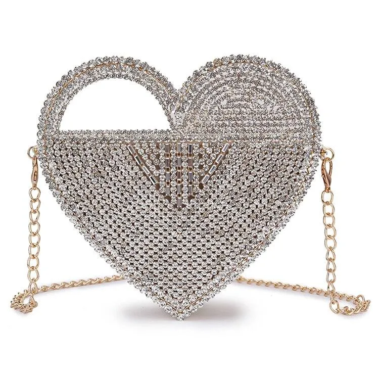 Luxury Stylish Ladies' Heart Shaped Rhinestones Clutch Bag With Metal Shoulder Chain