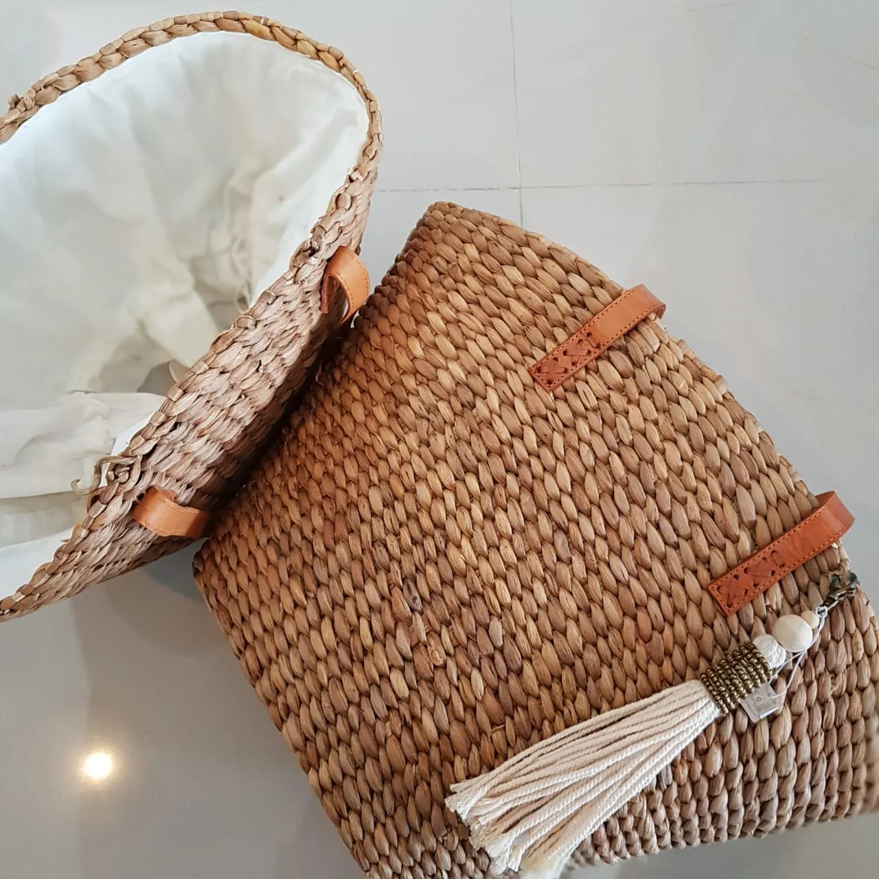 Natural Woven Banana Leaf Bag With Leather Straps