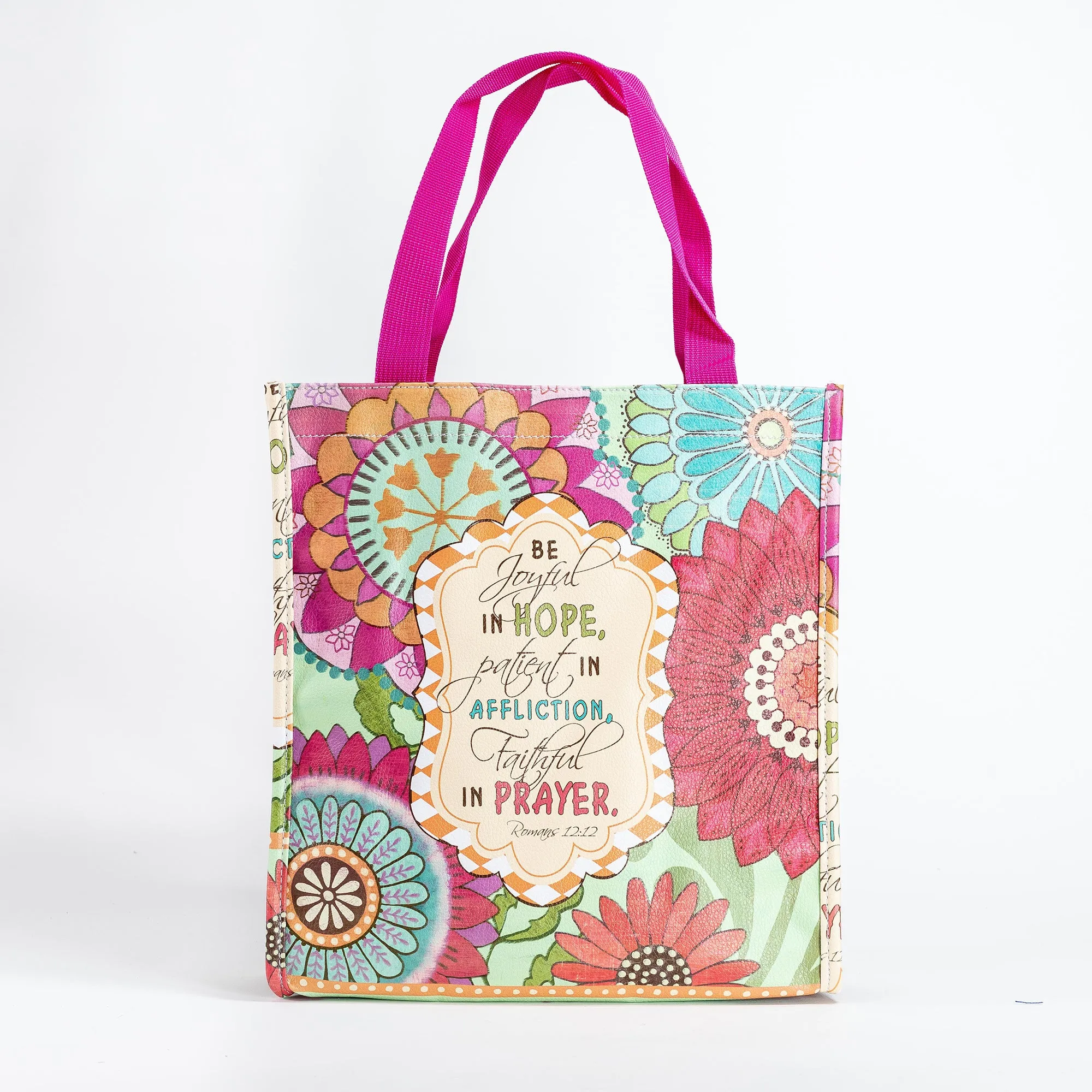 Pink Floral Print Bible Study Tote Bag - Romans 12:12 "Be Joyful In Hope"