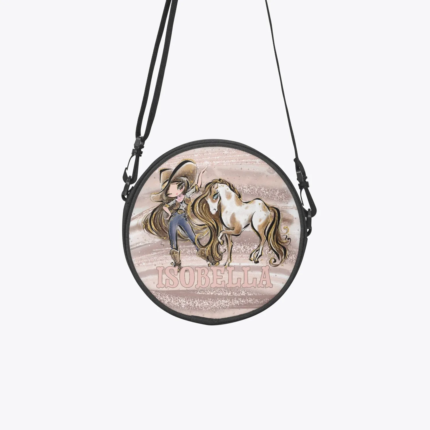 Round Satchel Bag, Howdy, Cowgirl and Horse, Brunette Hair Brown Eyes, Personalised