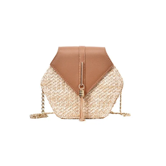 Women Retro Weave Leather Tassel Chain Crossbody  Bag