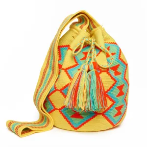 Yellow and Neon Diamond Cotton Cartagena Mochila Tassel Bag